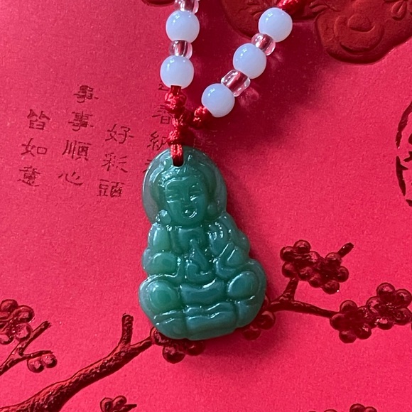 Earth Art hand crafted artisan Jewelry - Carved jade GOOD LUCK lotus or Quan Yen necklaces